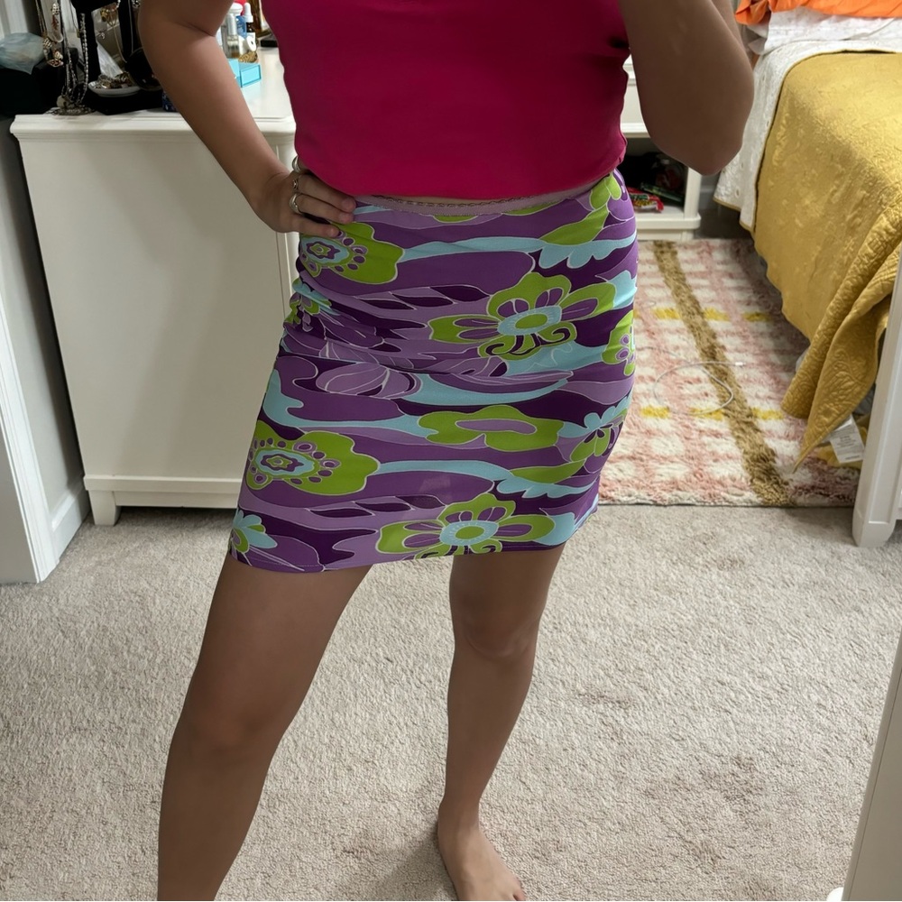 Vintage Y2K Skirt S Mini Printed Micro Mesh Groovy Slip Bodycon Swirl Purple